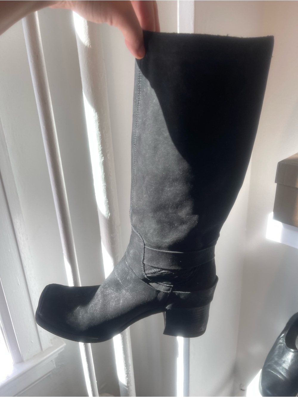 Black Mid-Calf Leather Buckle Boots - Picture 2 of 4